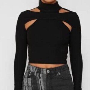 Maniere De Voir black Cropped Keyhole Cross Over Long Sleeve top UK 12 US 8